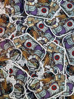 stickers of a spaceman drinking beer